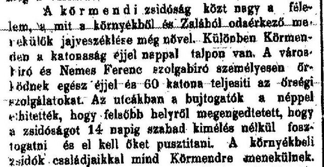 Részlet a „Zsidóellenes zavargások.” c. cikkből (Forrás: Pesti Hírlap, 1883. 09. 04., 4. o.)
